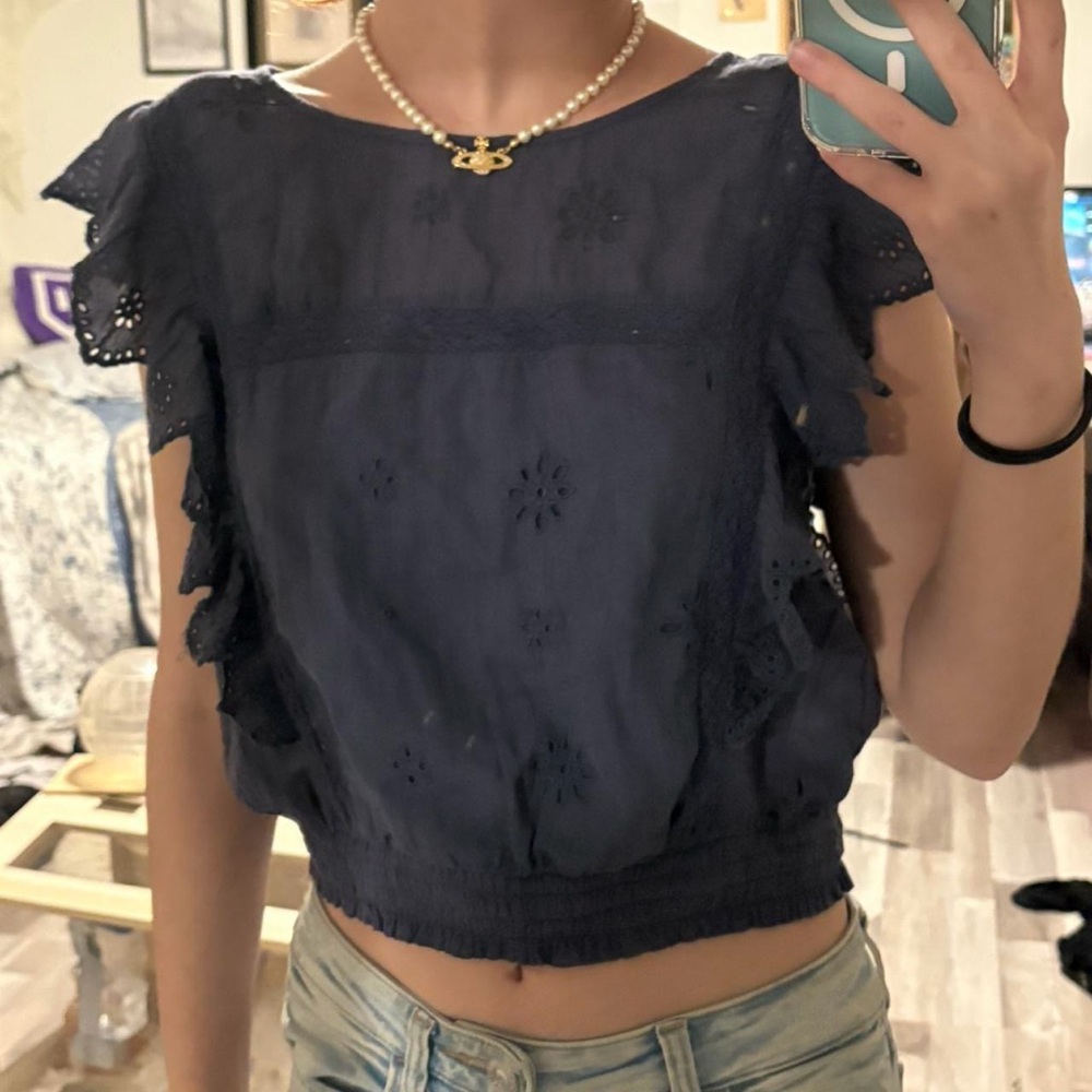 Navy blue lace ruffle top